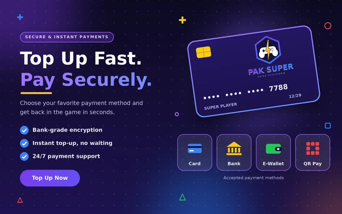 Pak Super payment methods banner showing card, bank, e-wallet, and QR options