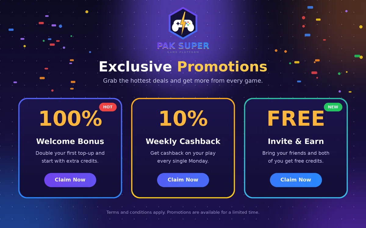 Pak Super promotions banner featuring welcome bonus, weekly cashback, and invite rewards